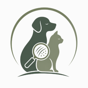 Veterinary dermatology logo with dog and cat silhouettes and a magnifying glass showing skin and fur detail in soft green tones.