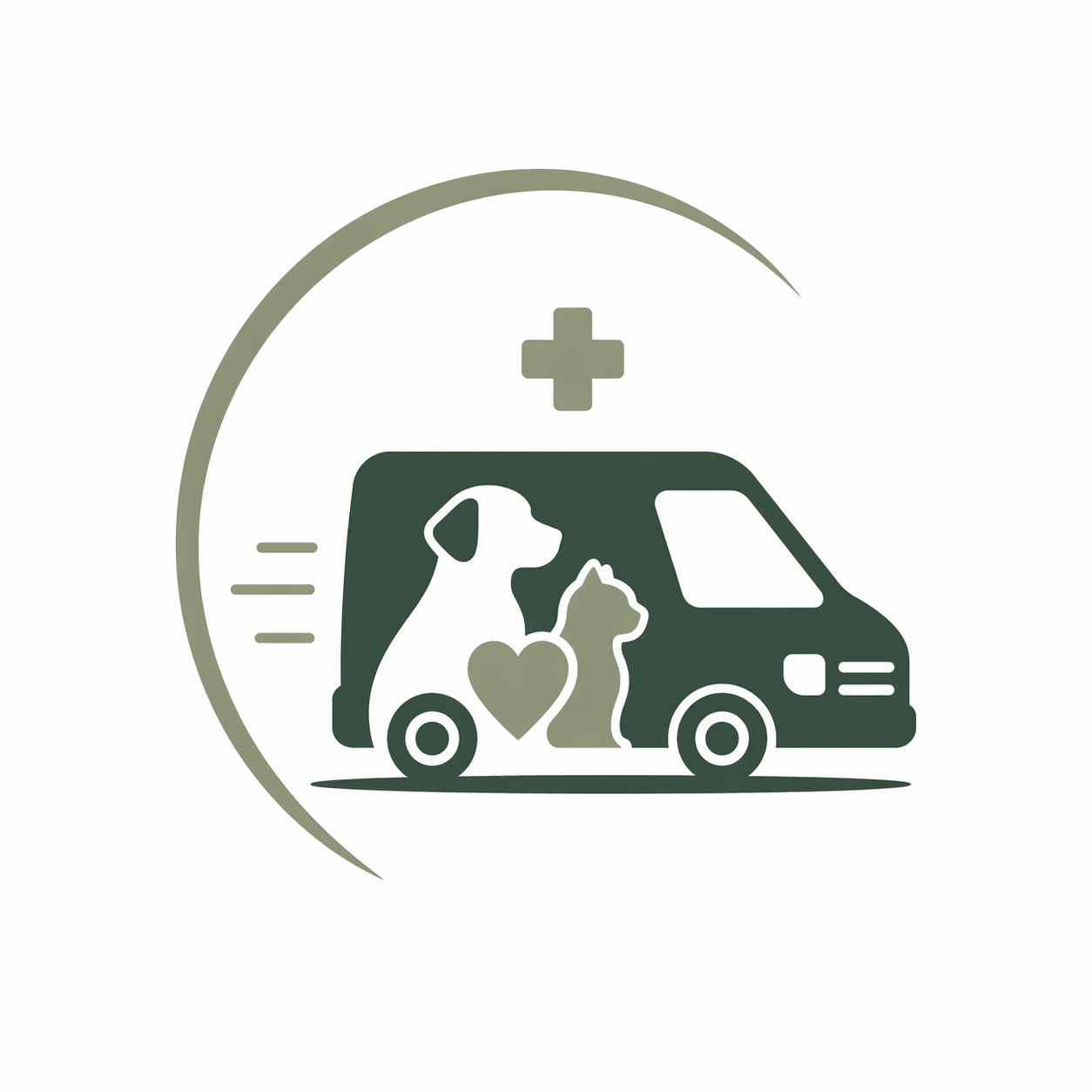 Mobile veterinary services logo featuring a modern pet care van with a dog and cat silhouette, a heart symbol, and medical cross, designed in green earth tones.