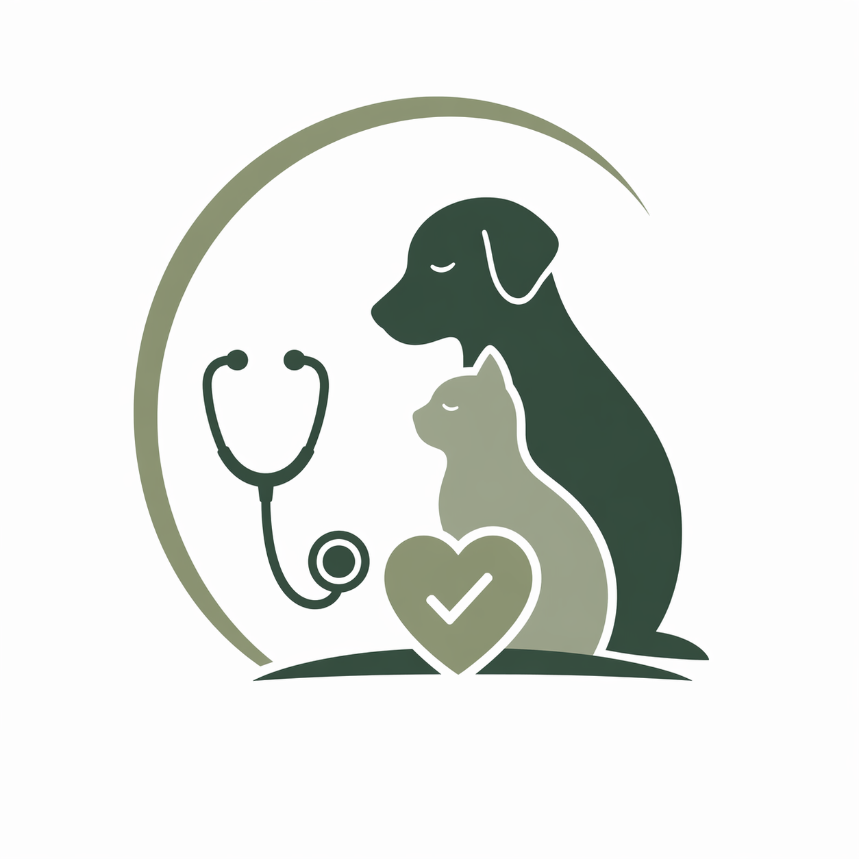 Wellness exam veterinary logo with dog and cat silhouettes, stethoscope, and heart checkmark icon in calm green tones.