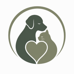 Minimal end-of-life veterinary care logo featuring a dog and cat silhouette facing each other with a large heart between them, enclosed in a soft circular outline and rendered in muted green tones.