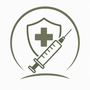 Veterinary wellness exam logo featuring a clipboard with checklist, heart with checkmark, and stethoscope inside a circular frame, designed in clean green tones. 