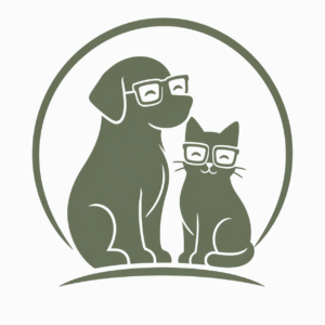 Senior pet care logo featuring simplified dog and cat silhouettes wearing square glasses inside a circular frame, designed in calming green tones to represent aging pet wellness and care.