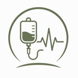 Veterinary surgery and critical care logo featuring an IV fluid bag connected by tubing alongside an EKG heartbeat line within a circular design in muted green tones.
