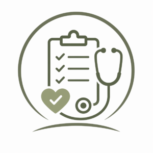 Veterinary wellness exam logo featuring a clipboard with checklist, heart with checkmark, and stethoscope inside a circular frame, designed in clean green tones.